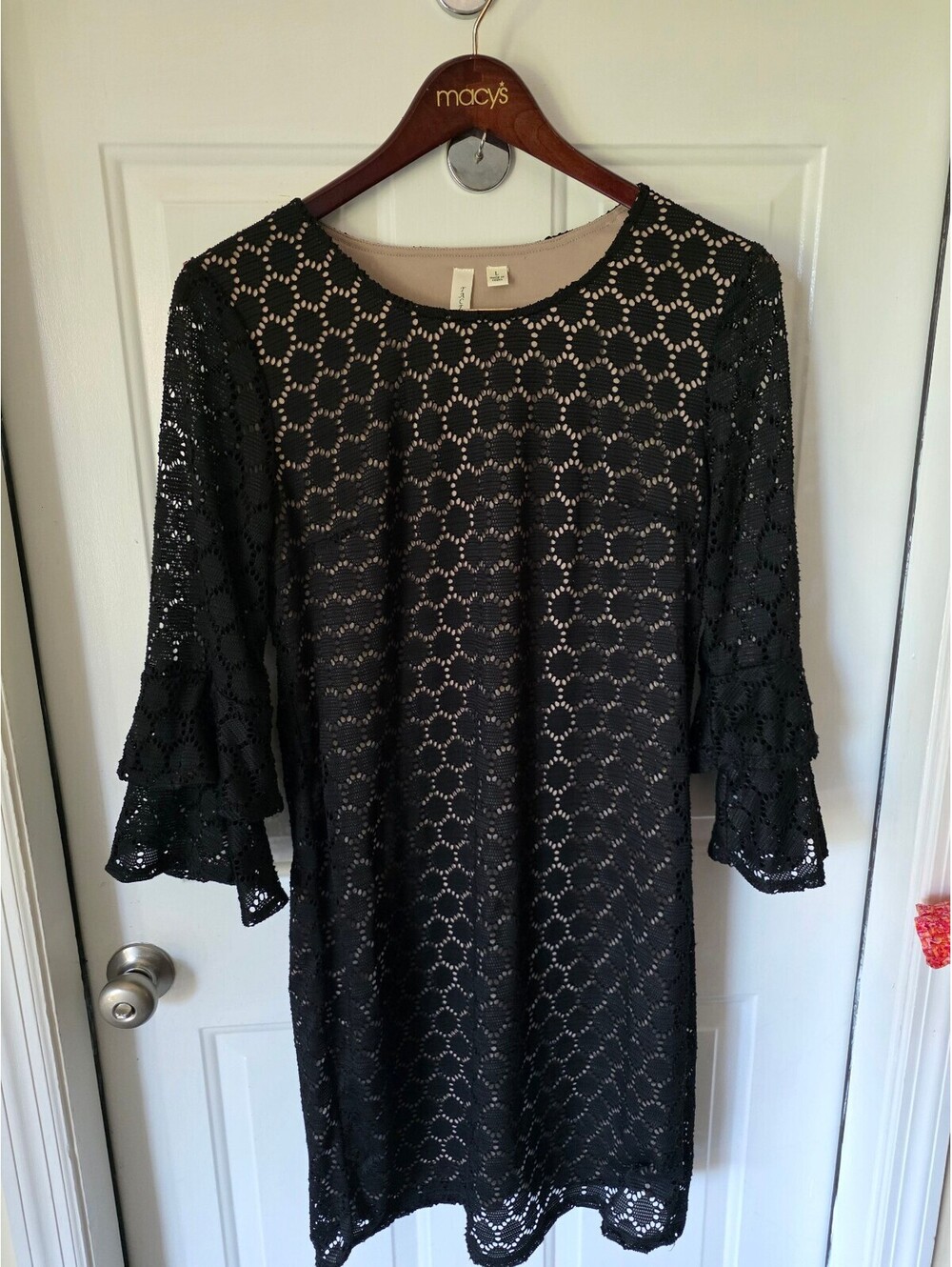 Tactra Women's Black Lace Overlay Dress with Flared Sleeves, Size Large